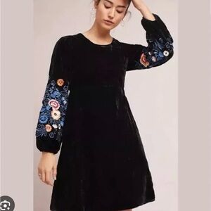 Anthropologie Black Velvet Dress with Floral Sleeves